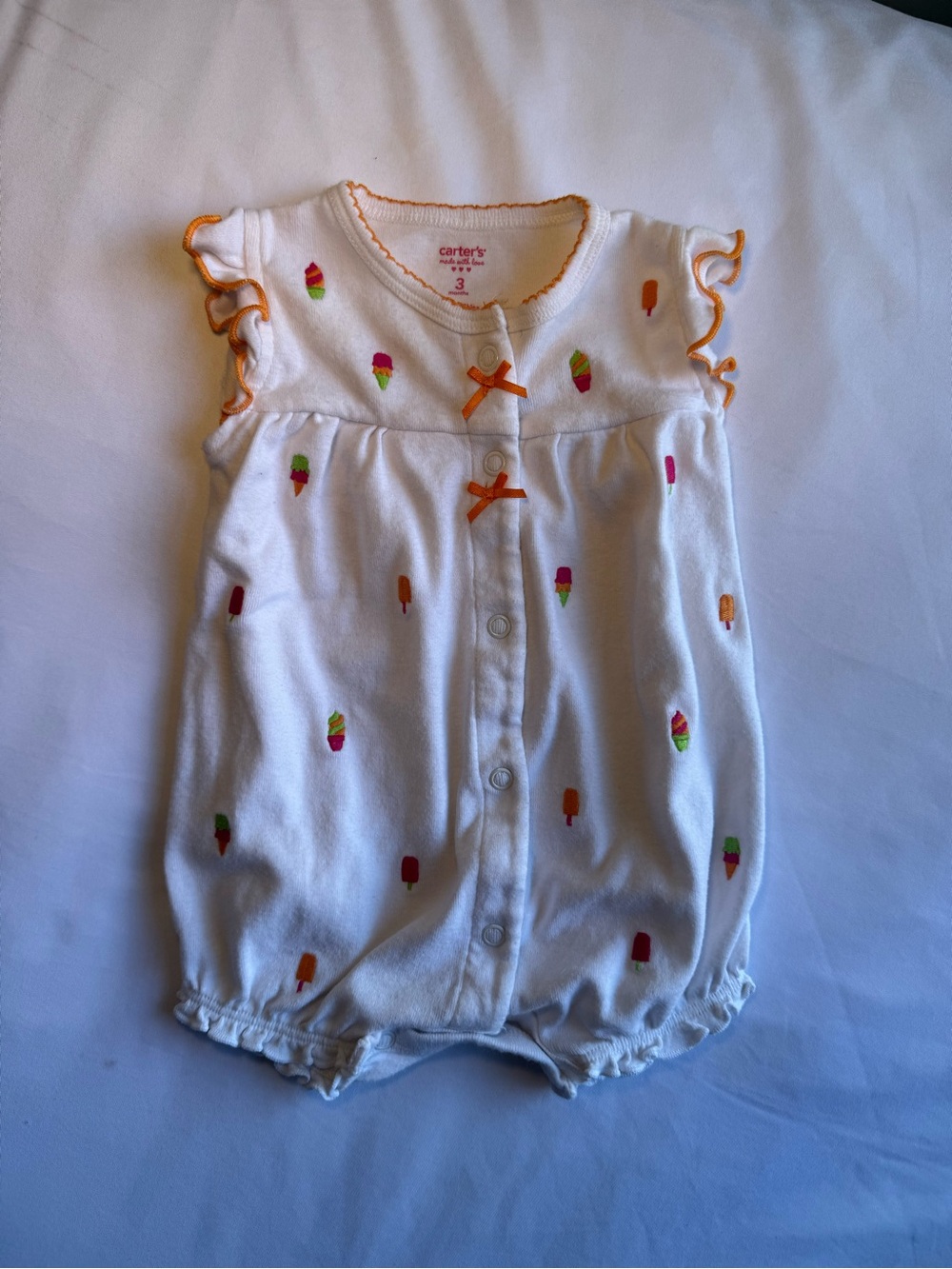 Carter's White Romper with Orange Trim and Multicolor Popsicle Print